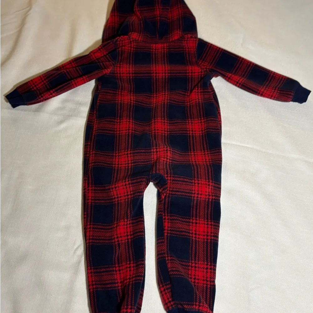 Carter's Red and Navy Plaid Hooded Footie with ears